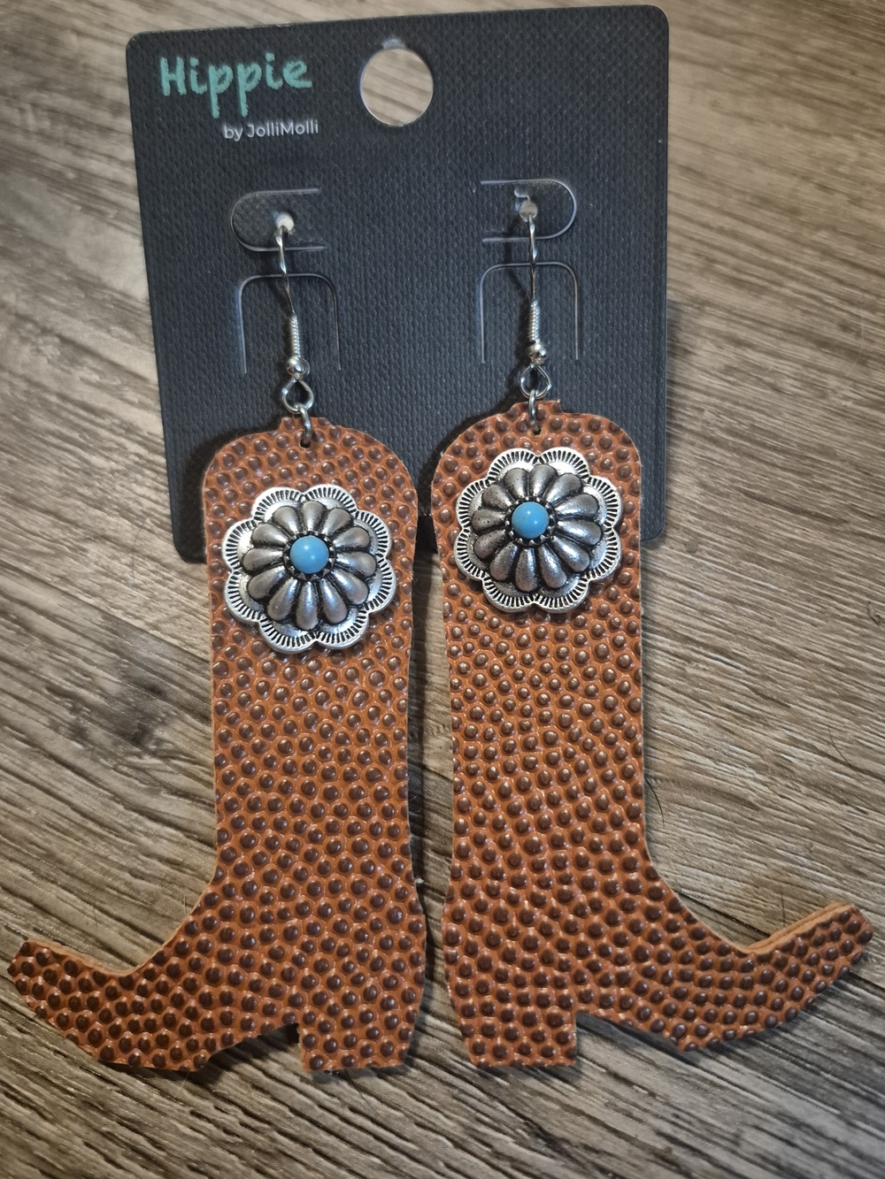 Hippie Rose Brown Cowboy Boot Earrings with Turquoise Accent